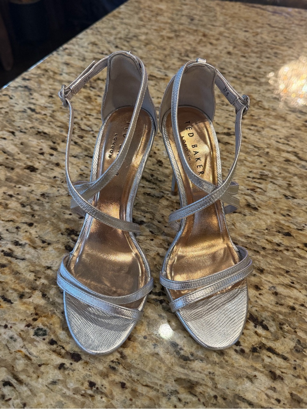 Ted Baker London Silver Strappy Heeled Sandals size 37.5 US 7, EUC